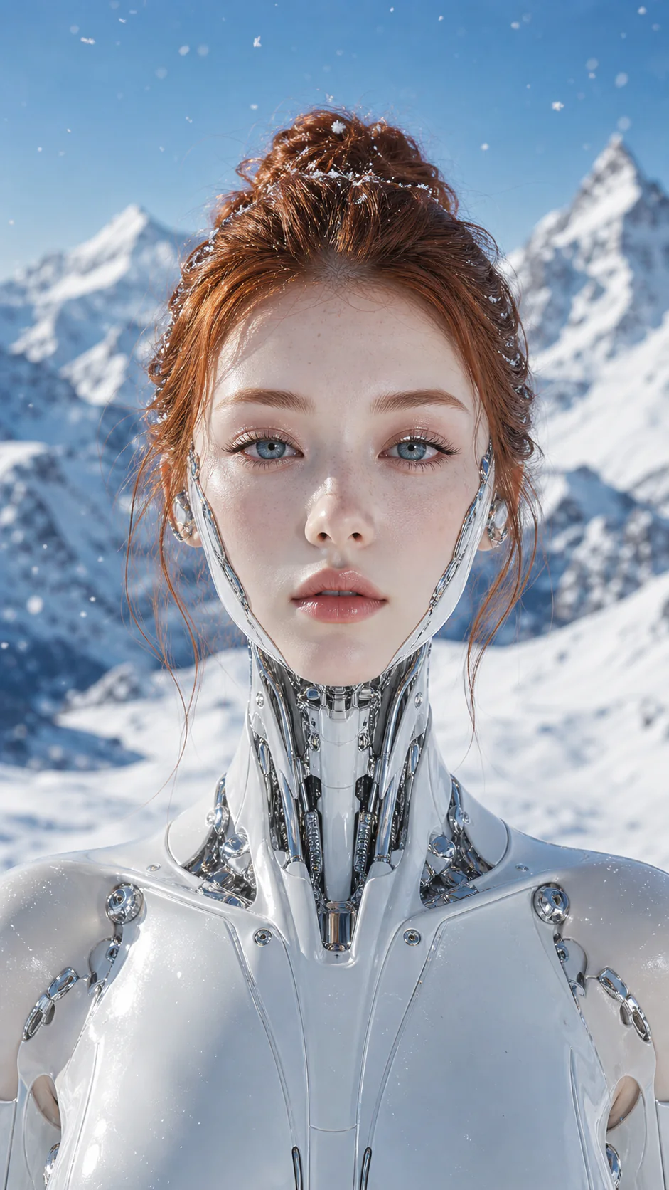 Redhead robot beauty campaign in snowy mountains